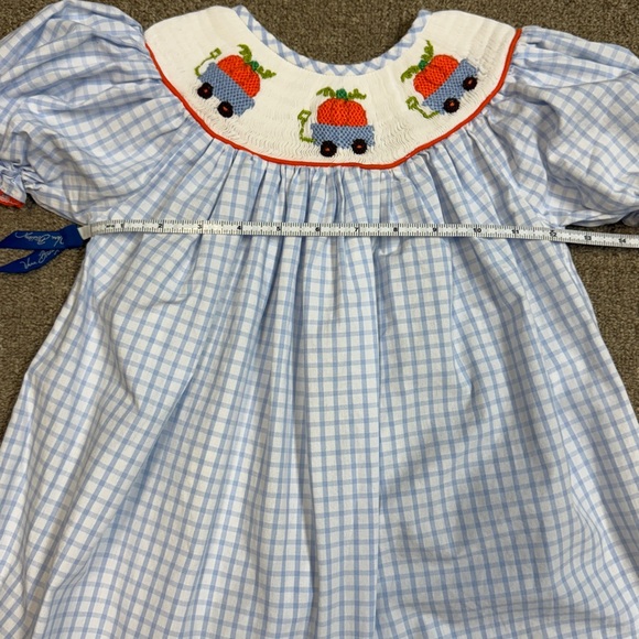 Babeeni: Girls Blue Checkered Smocked Pumpkin Bishop Dress, Size 5T - Picture 5 of 12